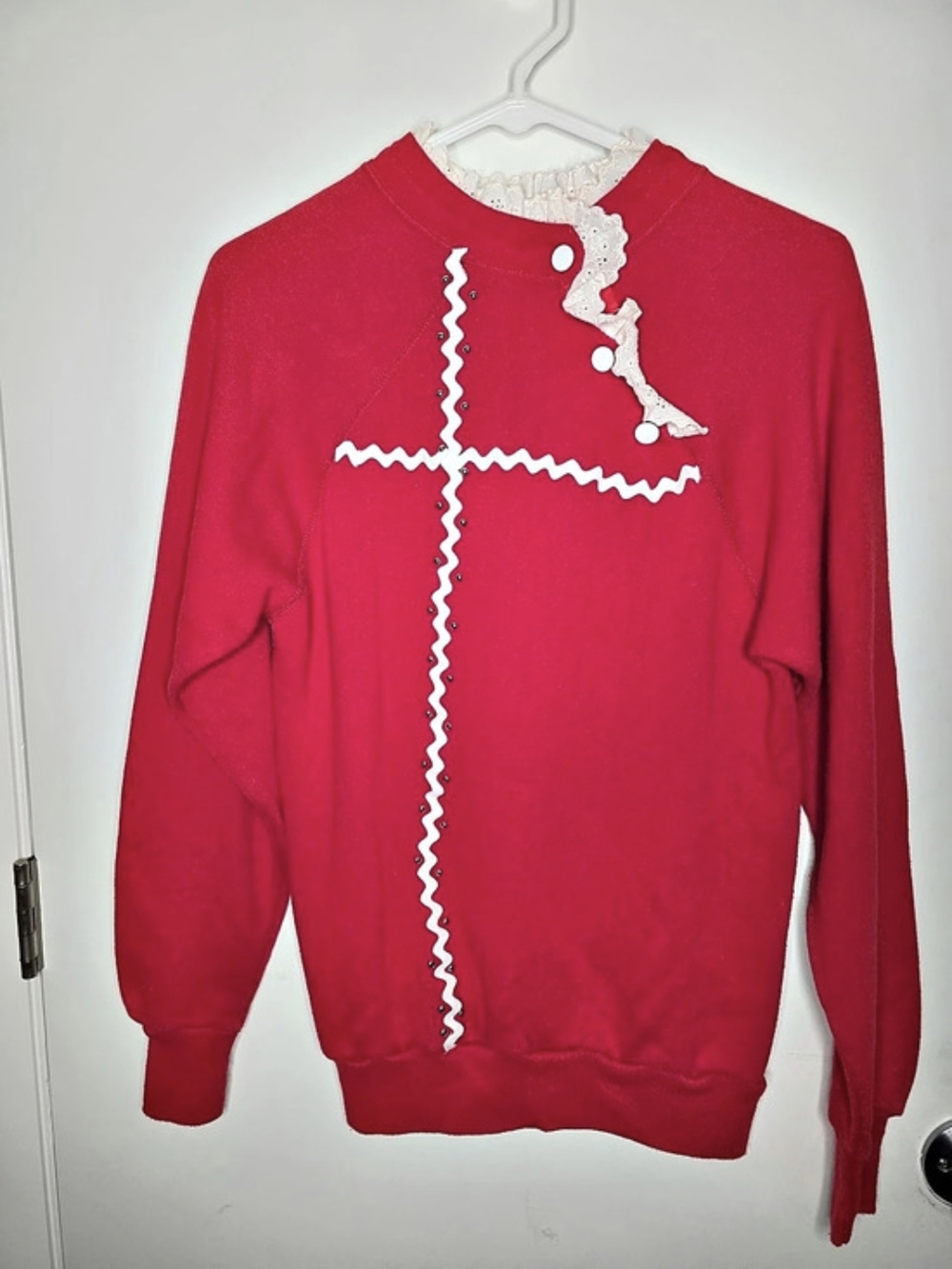 VTG 80s Pannill Ultra Sweats Lace Collar Cross Sweatshirt USA Red Coquette-M